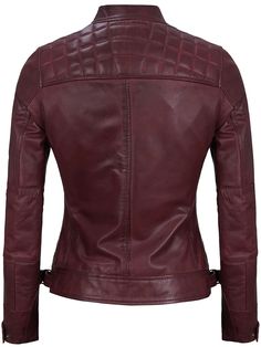 Fitted Fall Biker Jacket With Padded Collar, Fitted Biker Jacket With Padded Collar For Fall, Fitted Burgundy Biker Jacket With Zipper, Fitted Burgundy Biker Jacket With Zipper Closure, Winter Burgundy Biker Jacket, Burgundy Long Sleeve Biker Jacket For Winter, Burgundy Leather Jacket With Zipper For Winter, Burgundy Leather Jacket With Long Sleeves, Fitted Burgundy Leather Biker Jacket