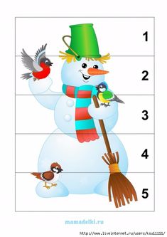 a snowman with two birds and one bird on it's arm, holding a broom