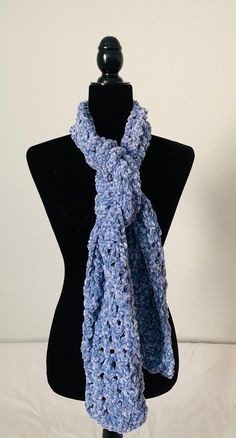 Stay cozy and stylish this fall and winter with our beautifully crocheted Smokey Blue Velvet Crochet Scarf. Made with soft Bernat Velvet yarn, this scarf will provide warmth and comfort while adding a touch of luxury to your outfit. Measuring approximately 68 inches long and 7 inches wide, this scarf is the perfect length to wrap around your neck or drape over your shoulders. And the best part? It's machine washable and can be dried in the dryer, making it easy to care for. This scarf also makes a thoughtful and unique gift for teens through adults. With its trendy color and soft texture, it's sure to be a hit with anyone on your gift list. Order now and enjoy free shipping on this ready-to-ship item. Don't miss out on adding this Smokey Blue Velvet Crochet Scarf to your fall and winter wa Velvet Yarn Scarf Pattern, Bernat Velvet, Velvet Crochet, Velvet Yarn, Crochet Beanie, Winter Accessories, Trendy Colors, Crocheted Item, Blue Velvet