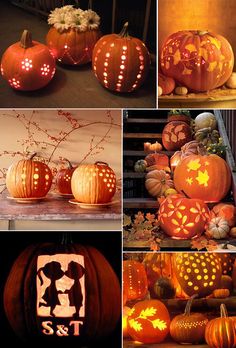 pumpkins carved to look like they have been carved into the shape of people's faces