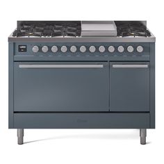 an oven with two burners on the front and one door open to show it's cooking area