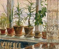 a painting of potted plants on a window sill