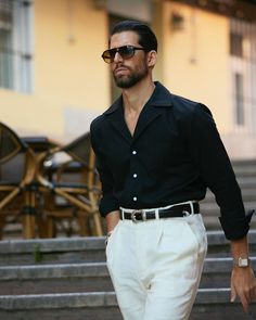 Shop our Men's Classic Black Linen Shirt. 100% Irish linen. Choose your fit & style. Custom made to your measurements, shipped worldwide. Black Shirt And White Pants Outfit, Monaco Mens Fashion, Nice Mens Outfits Classy, Black Shirt White Pants Men, Men Casino Outfit, Men Shirt Black, Latin Fashion Men, Mens Elegant Outfit, Men Outfit All Black