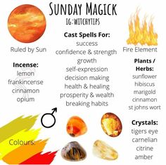 Sunday Magick, Color Of The Week, Spells For Beginners, Crystals For Manifestation, Magic Day, Grimoire Book