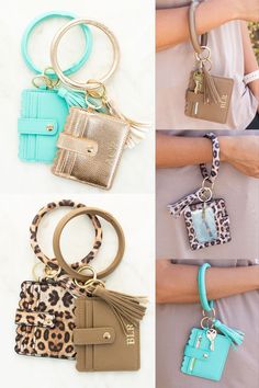 four different types of purses and keychains with the same design on them