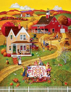 a puzzle box with an image of a farm scene and people on the lawn in front of a house