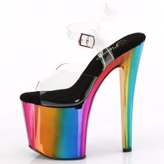 8" High Heel, 3 3/4" Platform Clear Shoes. Rainbow Chrome Bottom. Hcne-708rc Rainbow Round Toe Platform Heels, Rainbow Platform Heels With Round Toe, Rainbow Open Toe Platform Heels, Rainbow Chrome, Alternative Shoes, Single Sole Heels, Festival Shoes, Dance Heels, Punk Boots