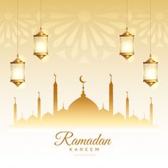 an arabic greeting card with hanging lanterns and the name rama written in gold on it