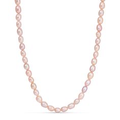 Customize the classic pearl necklace with your choice of peach, purple, or white genuine freshwater pearls for a subtle luster sure to brighten up any outfit. Naturally tinted, this necklace pairs great with dainty golden chains and pearl earrings to tie up your look. Elegant Pink Pearl Drop Necklace, Feminine Single Strand Pearl Necklace, Elegant Oval Beaded Necklaces, Elegant Oval Bead Pearl Jewelry, Elegant Pearl Jewelry With Oval Beads, Elegant Pink Necklace For Everyday Wear, Elegant Pink Necklace For Everyday, Elegant Pink Necklaces For Everyday, Single Strand Pearl Jewelry With Oval Beads