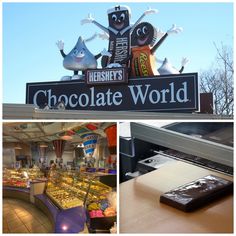 the chocolate world sign has two cartoon characters on it and is next to a cell phone