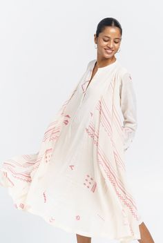 A-line fluid midi dress White Folk Dress With Woven Motifs, White Anarkali Cotton Maxi Dress, White Long-sleeve Kaftan With Woven Motifs, White Long Sleeve Kaftan With Woven Motifs, White Cotton Maxi Dress With Chikankari Embroidery, White Bohemian Dress With Natural Dye, White Handloom Summer Dress, Traditional White Linen Dress, Bohemian White Straight Kurta Dress