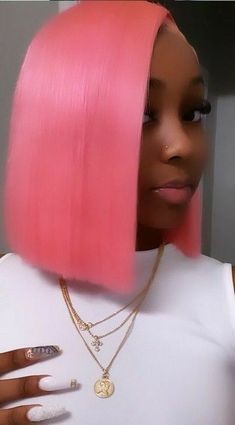 Pink Side Part Bob, Pink Bob Wigs For Black Women, Pink Hair Black Women, Frontal Styles, School Baddie, Pink Bob, Black Ponytail, Pony Hairstyles