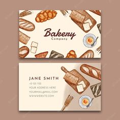 bakery business card with bread, eggs and other food items on the table in watercolor style