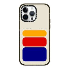 an iphone case with different colors and shapes on the back, including blue, yellow, red