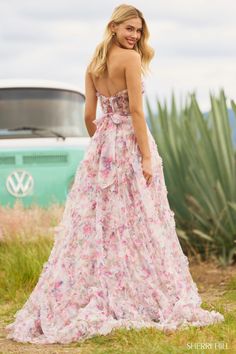 Sherri Hill 55623 Strapless floral tulle print ball gown with ruffle embellishments and sheer corset bodice. Corset Evening Dress, Floral Print Prom Dress, Prom Photoshoot, Printed Prom Dresses, Sheer Corset, Flower Maxi Dress, Sherri Hill Prom, Floral Prom Dresses, Sherri Hill Prom Dresses