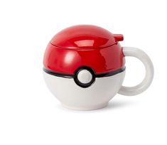 a red and white coffee cup with a pokeball on it's side, in front of a white background