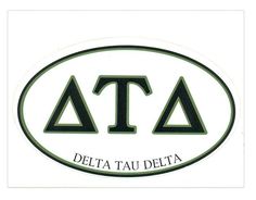 the delta tau delta sticker is shown in black and white, with letters on it