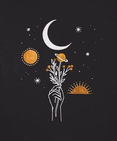 a drawing of a hand holding a plant with the moon and stars in the background