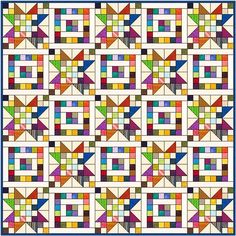 a quilt made with different colored blocks and squares on it's sides, including the center