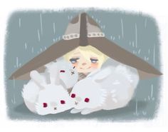 a drawing of a girl with white rabbits under an umbrella