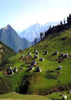 a green hillside with houses and mountains in the background