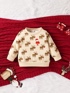 Apricot  Collar Long Sleeve Knitted Fabric Christmas Pullovers Embellished Slight Stretch  Baby Clothing Kids Jumpers, Baby Christmas, Kids Sweater, Holiday Shirts, Knitted Pullover Sweaters, Print Pullover, Long Sleeve Knit, Knitted Pullover, Long Sleeve Sweatshirts