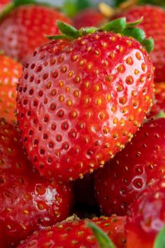 a close up view of strawberries with green leaves