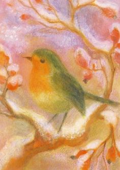 a painting of a bird sitting on a tree branch with pink and yellow flowers in the background