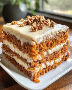 a piece of carrot cake on a plate with white frosting and chopped walnuts