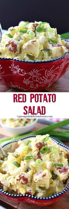 red potato salad in a bowl on a wooden table