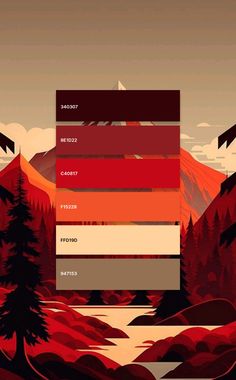 the color palette is red, orange and brown with mountains in the background for this graphic design