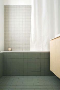 a bath room with a toilet and a bath tub next to a white shower curtain