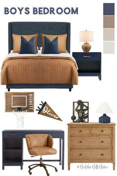 a bedroom with brown and blue accents