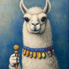 a painting of an alpaca holding a candy lollipop in its hand