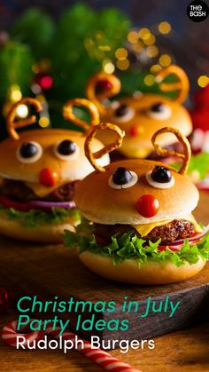 christmas party burgers with reindeer noses on them