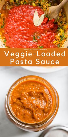 a bowl filled with pasta sauce next to another bowl full of vegetables and some spoons