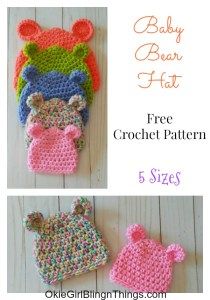 crochet baby bear hat and booties are shown in three different colors, with the