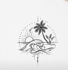 a black and white drawing of an ocean wave with palm trees on the beach in the background