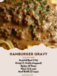 a menu for hamburger gravy with noodles and gravy