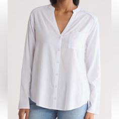 Splendid Nwt Cosette Long Sleeve Open Vneck Button-Up Cotton Rayon Shirt An Investment Piece, A Wardrobe Essential Clean Lines And Simple Details Offer Versatile Wear Of This Split Vneck Long Sleeve Button-Up Shirt. Raw Edge Detail At Shoulders. Size Large /Check Measurements (Tts) 24" Length 21” P2p C1 White V-neck Shirt With Buttons, White V-neck Blouse With Buttons, White V-neck Blouse For Layering, Relaxed Fit V-neck Blouse With Buttons, White Henley Neckline Top With Buttons, Casual Split Neck Top With Buttons, Casual Blouse With Buttons And Split Neck, V-neck Tops With Buttons, Casual White Split Neck Top