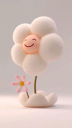 a small white cloud with a smiling face on it's side and a pink flower in the foreground