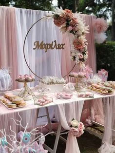 a table topped with pink and white desserts