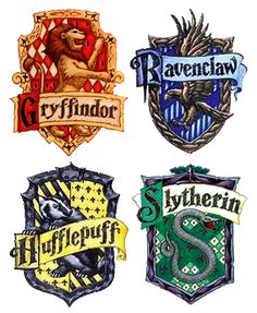 four harry potter crests are shown in different colors and sizes, each with the letter s on them