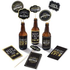 beer bottle toppers and stickers for birthdays or any celebration with black and gold foil