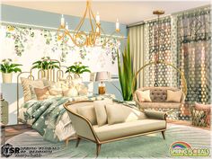 the bedroom is decorated in pastel colors and has a circular bed, chair, chandelier, and couch