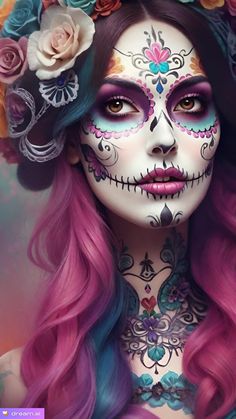 Catrina, dia de los muertos. #aiart #mystic #picture #aicreation #aigenerativart #digitalart #fantasyworld #art #aiartgallery #artificialintelligence #Fantasie #portrait #aesteticart Dia De Los Muertos Makeup For Women, Sugar Skulls, Sugar Skull Inspired Makeup, Glam Catrina Makeup, Colorful Sugar Skull Makeup, Sugar Skull Facepainting, Candy Skull Makeup, Mexican Sugar Skull Art Beautiful, Catrinas Neon Makeup