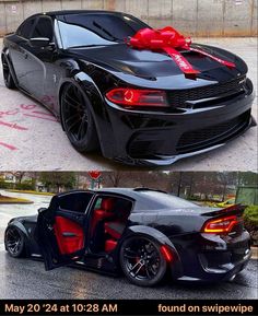 two different cars with red bows on them