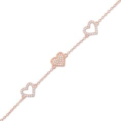 Display your romantic style with this sweet diamond heart bracelet. Fashioned in precious 10K rose gold, this cute choice features a diamond-adorned heart-shaped station sparkling between open diamond-lined hearts. Radiant with 1/5 ct. t.w. of diamonds and a brilliant buffed luster, this 7.0-inch cable chain with an additional closure ring at 6.0 inches secures with a spring-ring clasp. Rose Gold Heart-shaped Diamond Bracelet For Anniversary, Heart-shaped Rose Gold Diamond Bracelet For Anniversary, Rose Gold Diamond Bracelet For Valentine's Day Anniversary, Rose Gold Diamond Bracelet For Valentine's Day, Rose Gold Heart-shaped Diamond Bracelet Gift, Heart-shaped Rose Gold Diamond Bracelet Gift, Rose Gold Double Heart Bracelet For Valentine's Day, Rose Gold Heart Cut Bracelet For Valentine's Day, Valentine's Day Double Heart Rose Gold Bracelet