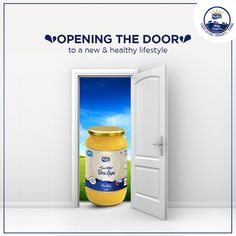 an open door with a jar of honey in the center and words opening the door to a new & healthy lifestyle