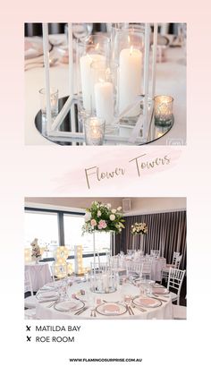 two pictures with candles and flowers in them on top of a table next to each other